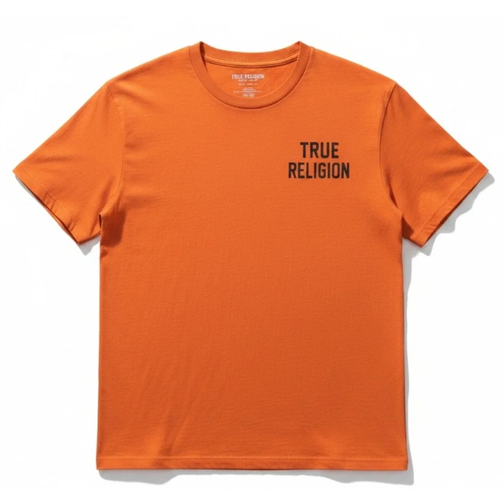 True Religion Buddha Graphic Crew Neck T-Shirt Mens M Orange Short Sleeve